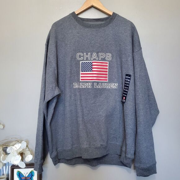 Vintage Chaps Ralph Lauren Sweatshirt Mens Size XXL Gray American Flag New - Picture 1 of 10
